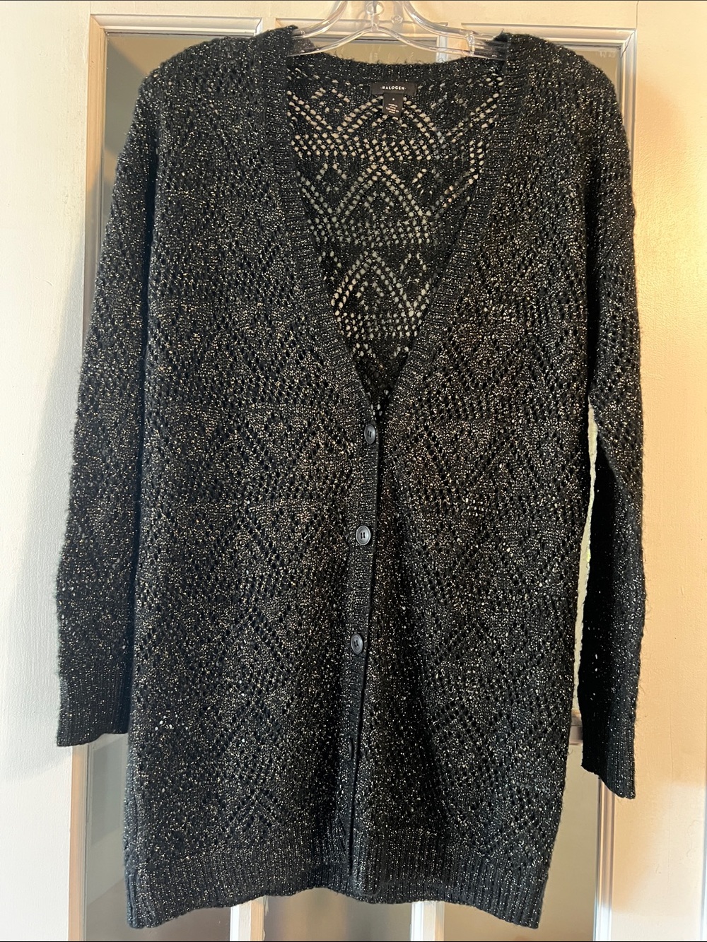 Halogen Black and gold Metallic Open-Knit Button Cardigan
